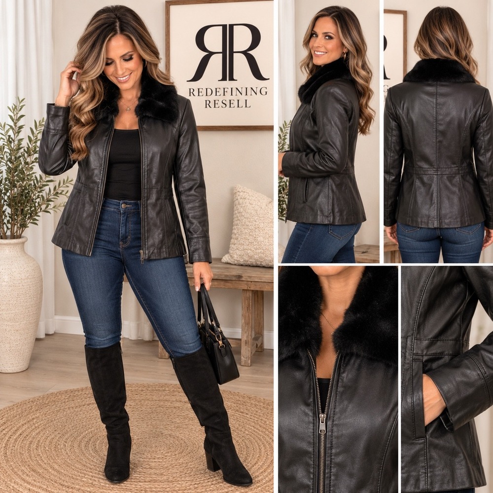 Jones New York Black Leather Jacket Real Rex Rabbit Fur Collar Small 341519